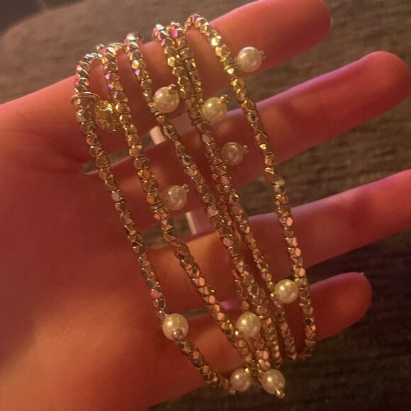 J.Crew Factory Gold and Pearl Stretch Bracelets Set-of-Six Elastic CA314 - Picture 3 of 5